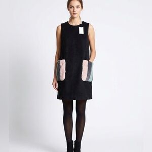 NWT! Mulla Black Sleeveless Shift Dress With Furry Pockets In An Oversized M